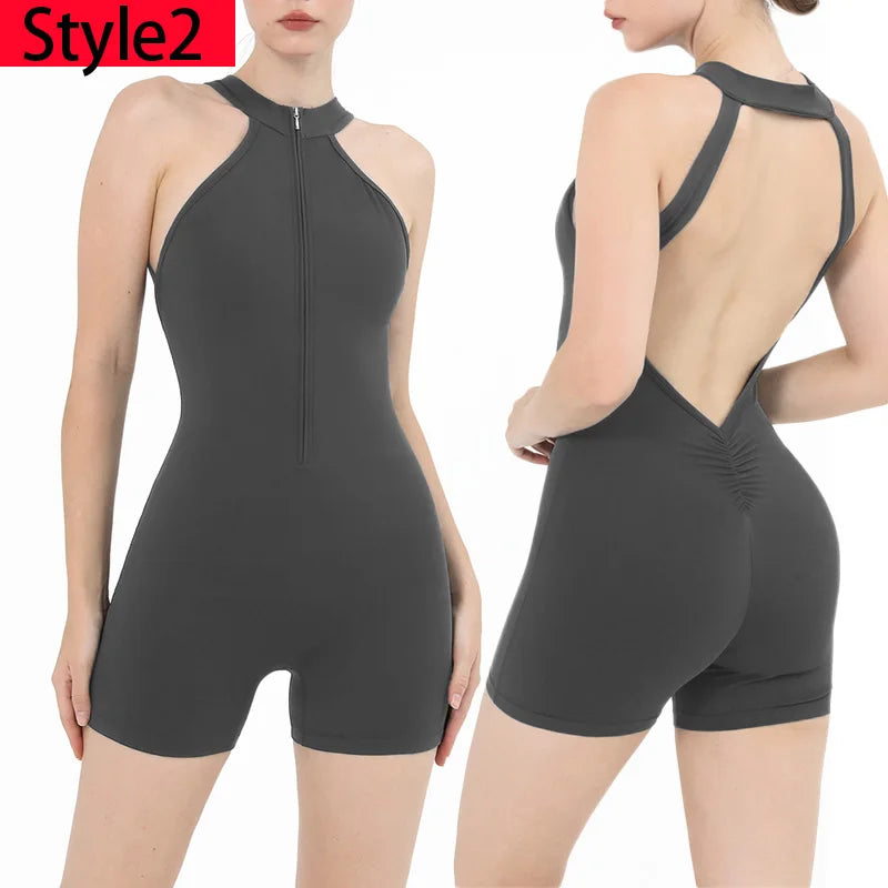 Combinaison Fitness Zoé – Jumpsuit Court à Zip & Effet Scrunch