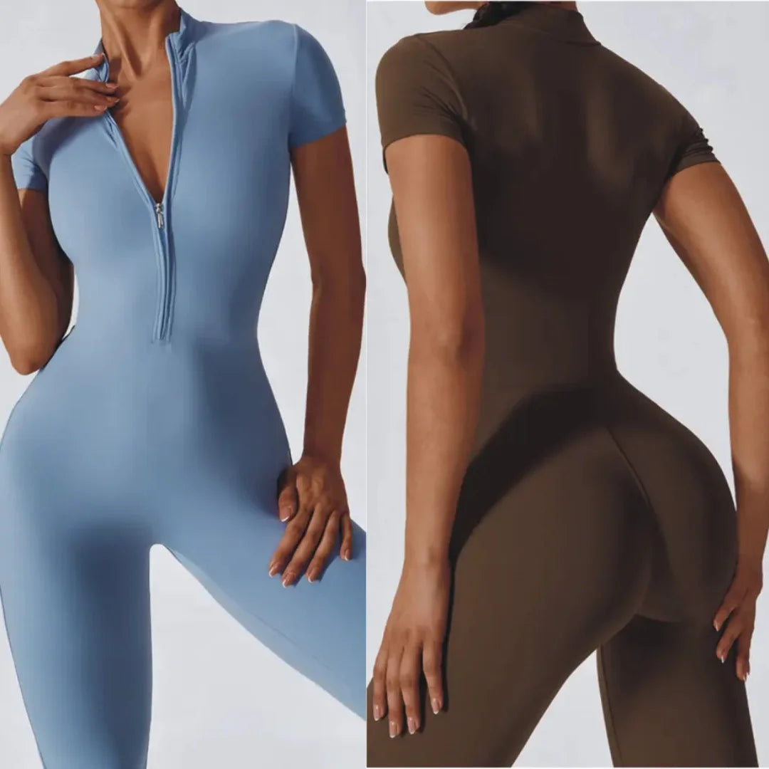 Combinaison Fitness Léa – Jumpsuit Respirant à Manches Courtes et Fermeture Éclair