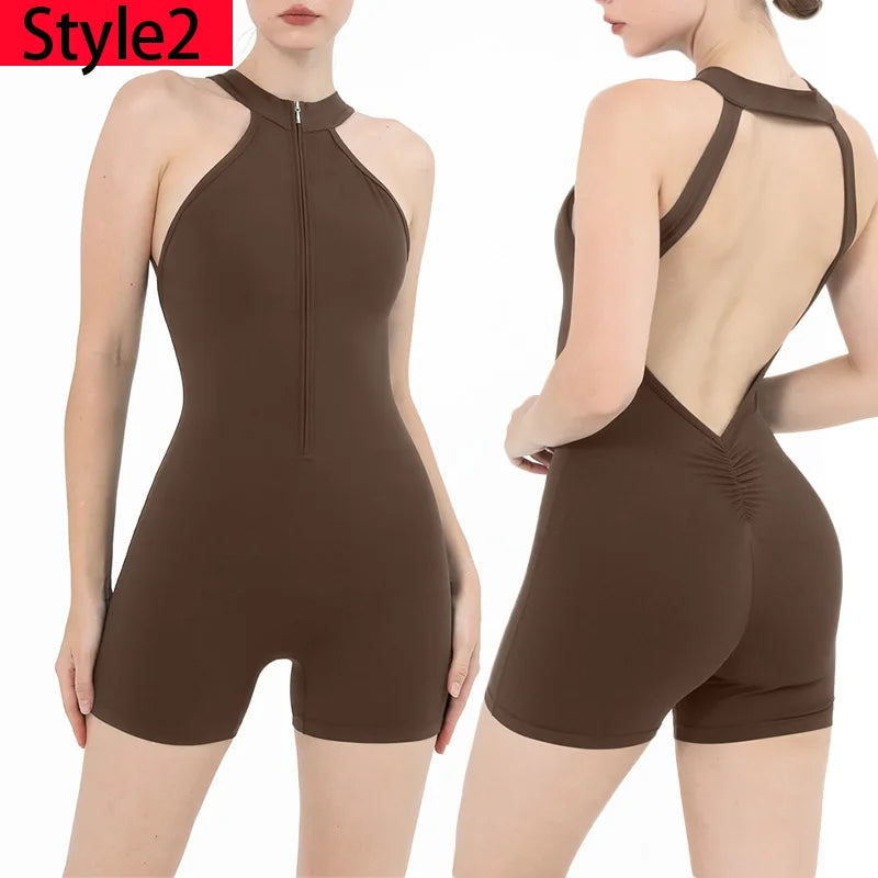 Combinaison Fitness Zoé – Jumpsuit Court à Zip & Effet Scrunch