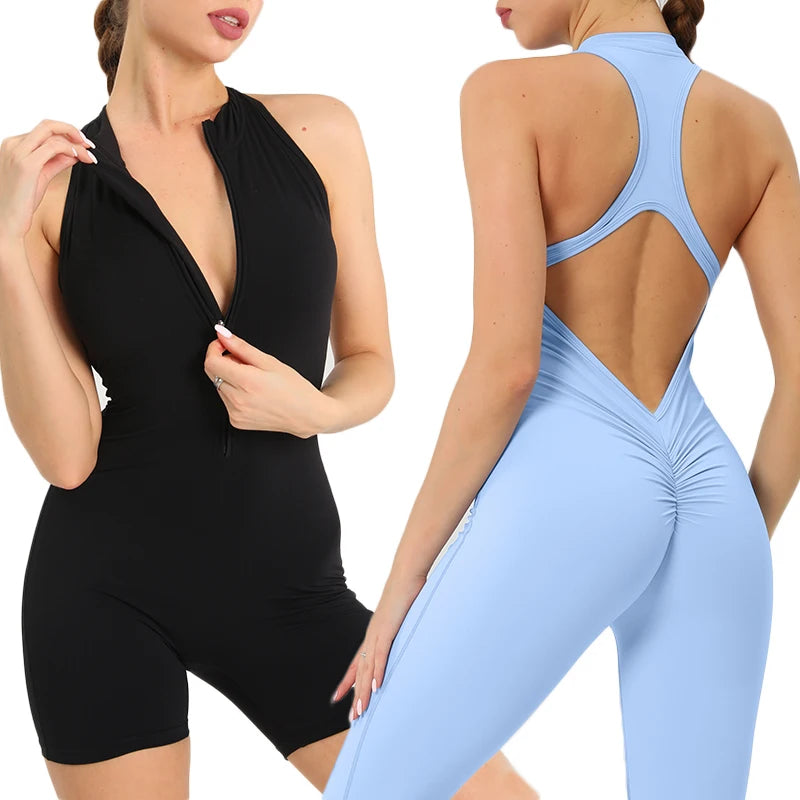 Combinaison Fitness Zoé – Jumpsuit Court à Zip & Effet Scrunch